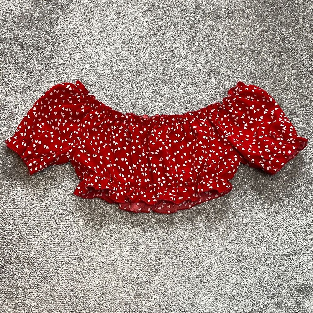 Shein Curve Peasant Crop Top Blouse Womens OXL Stretch Elastic Red Polka Dot